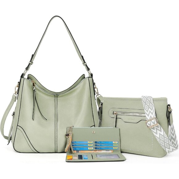 Handbags - Women’s Light Green 3PCS PU Leather Purses Set  Crossbody Wallet & Hobo Tote Bag